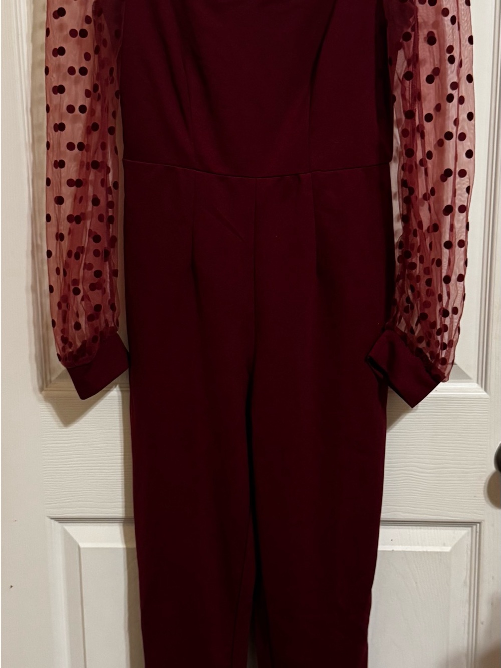SHEIN Burgundy Polka Dot Mesh Sleeve Jumpsuit